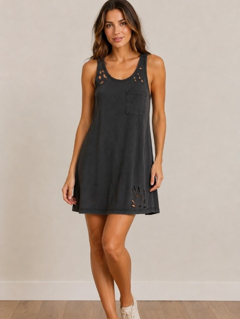 Sundry Washed Black Distressed Tank Dress Size 0 XS